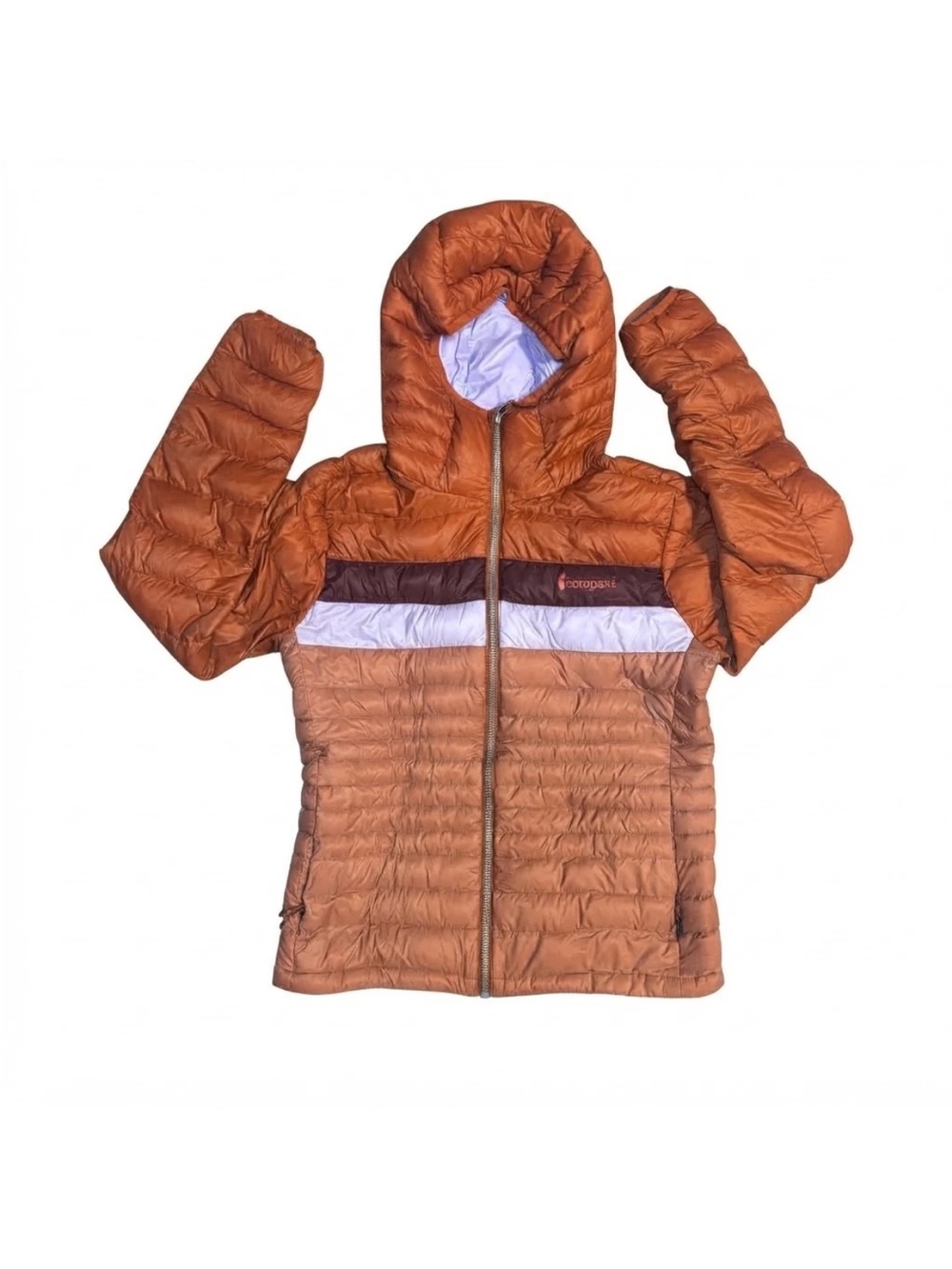 Cotopaxi Women's Fuego Down Hooded Jacket Stripes Rust Orange Purple WXS Extra S